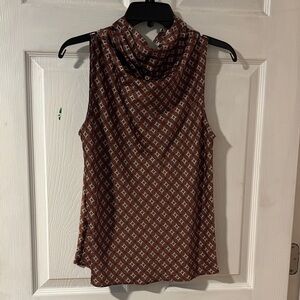 bishop + young Satiny Brown Blue White Black Geometric Print Sleeveless Blouse